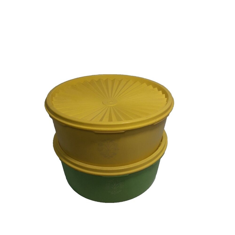 2 Tupperware Servalier Stacking Canisters 1204 with Seal Lids 1205, Green Yellow